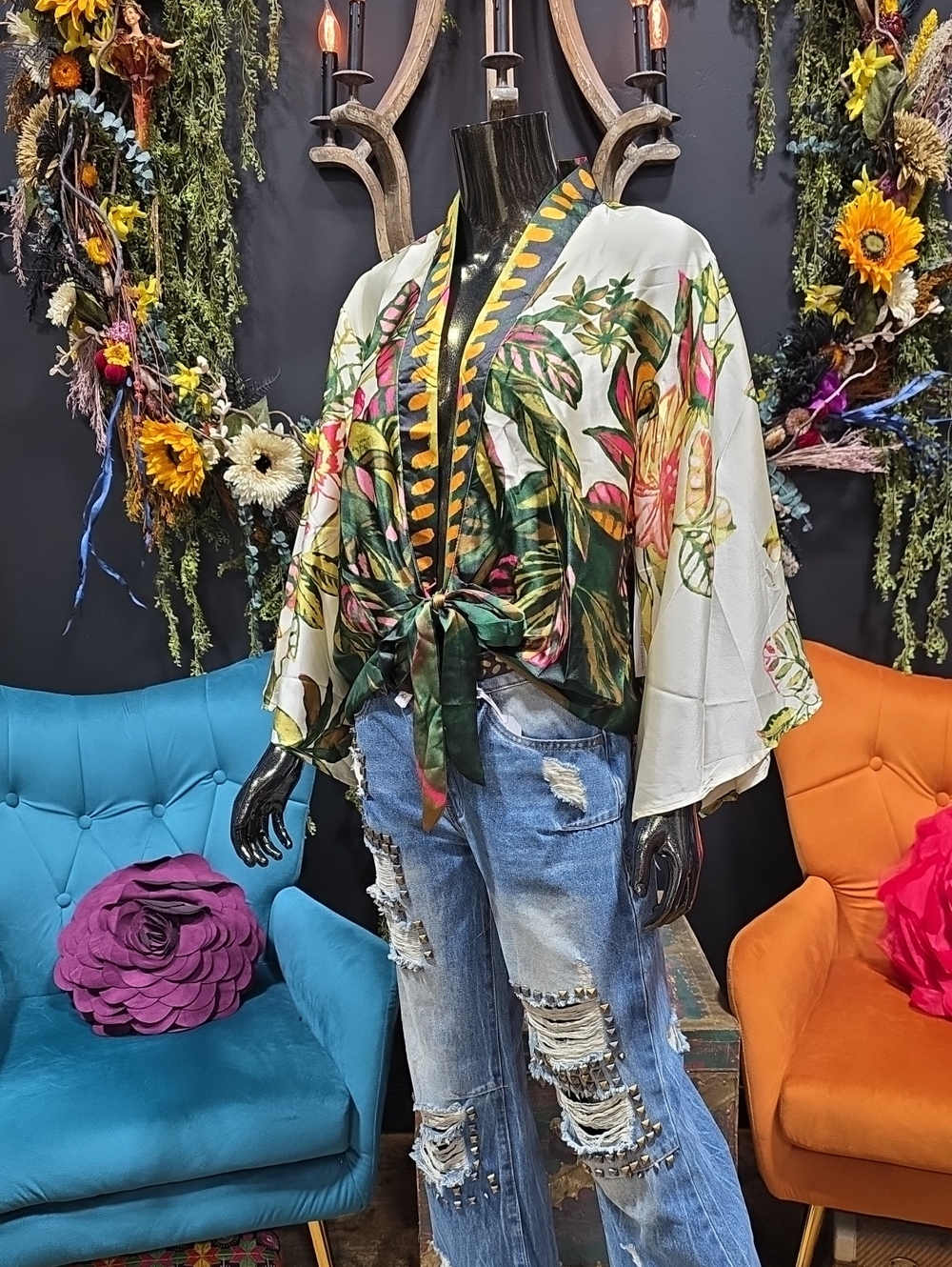 Live 4 Truth Floral Kimono Sleeve Blouse with Tie Front